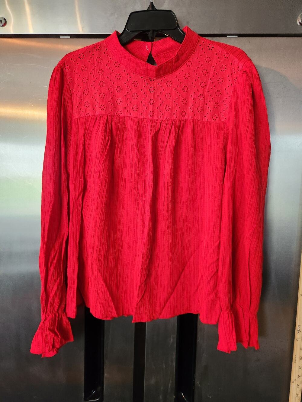 SHEIN Women's Red Textured Mock Neck Blouse Size XL Eyelet Trim